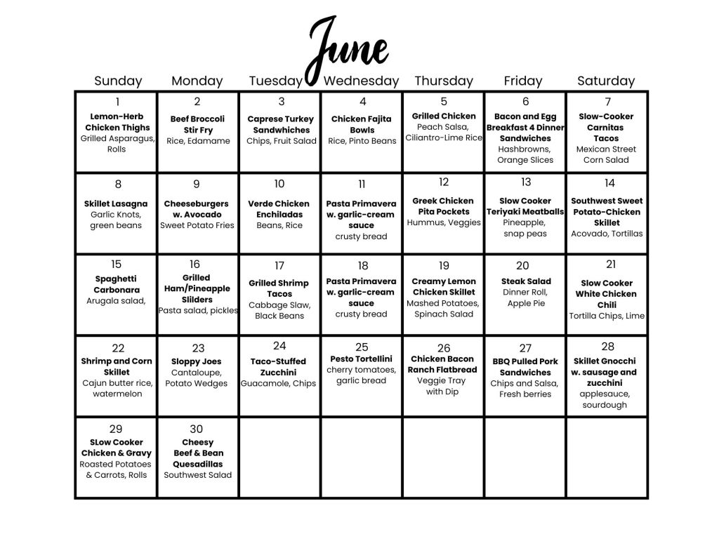 June Printable Meal&nbsp;Plan